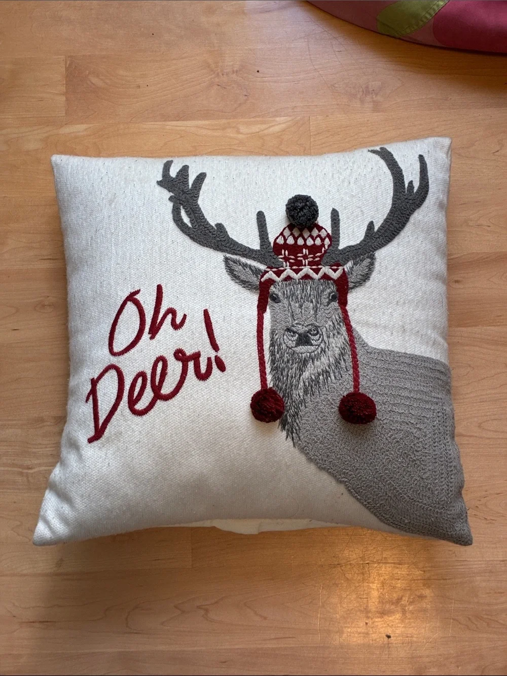 Holiday Deer Throw Pillow in Cream and Red